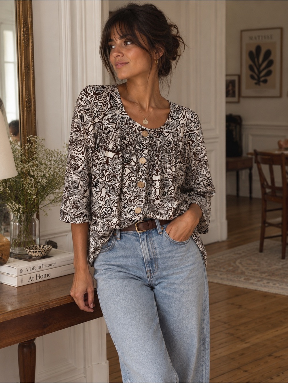 Choices 100% Linen Paisley Peasant Blouse M Brown Ivory Boho Button Front